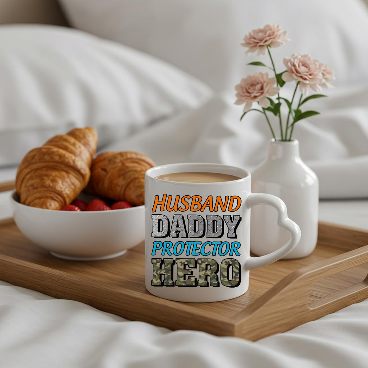 Husband Daddy Protector Hero camo heart-handle mug on a breakfast tray with croissants and flowers