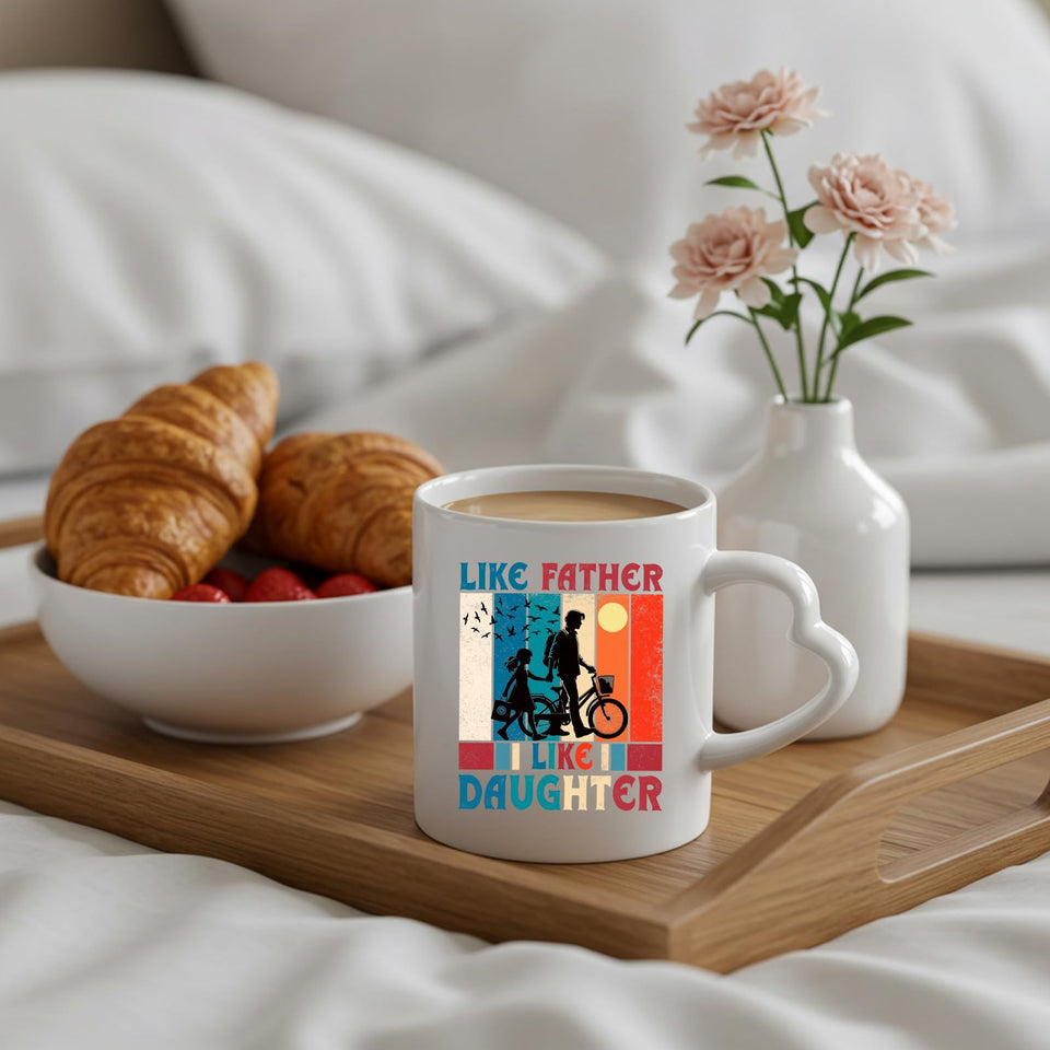 Like Father Like Daughter heart-handle mug on a breakfast tray with croissants and flowers
