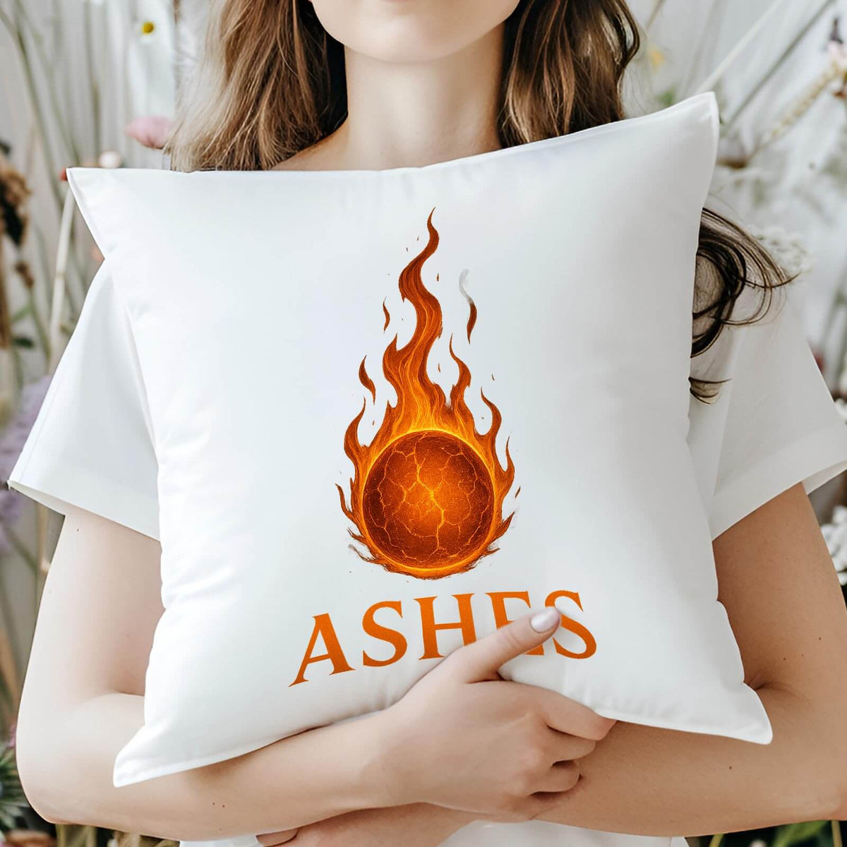 Woman hugging the Ashes cricket cushion