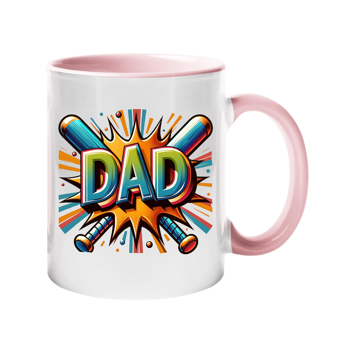 Colour handle mug with a comic-style “DAD” in front of crossed baseball bats – light pink handle and inside