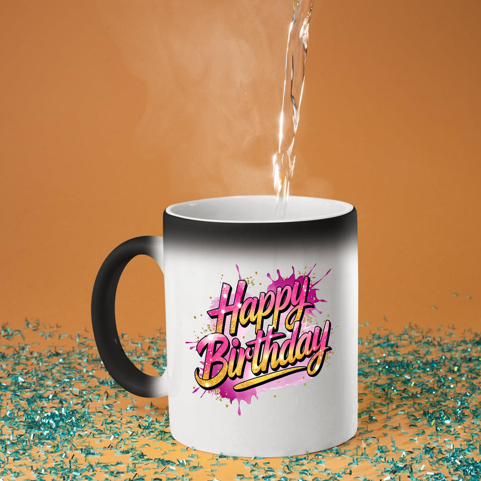 Hot water poured into the Happy Birthday pink splash colour changing mug as the design appears