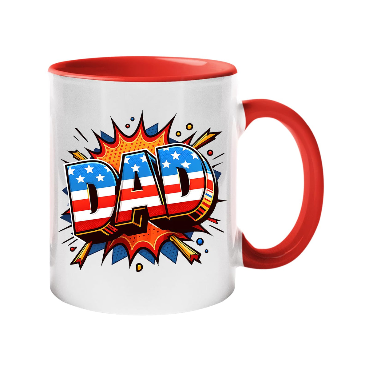 Colour handle mug with a comic-style “DAD” in stars and stripes on a starburst – red handle and inside