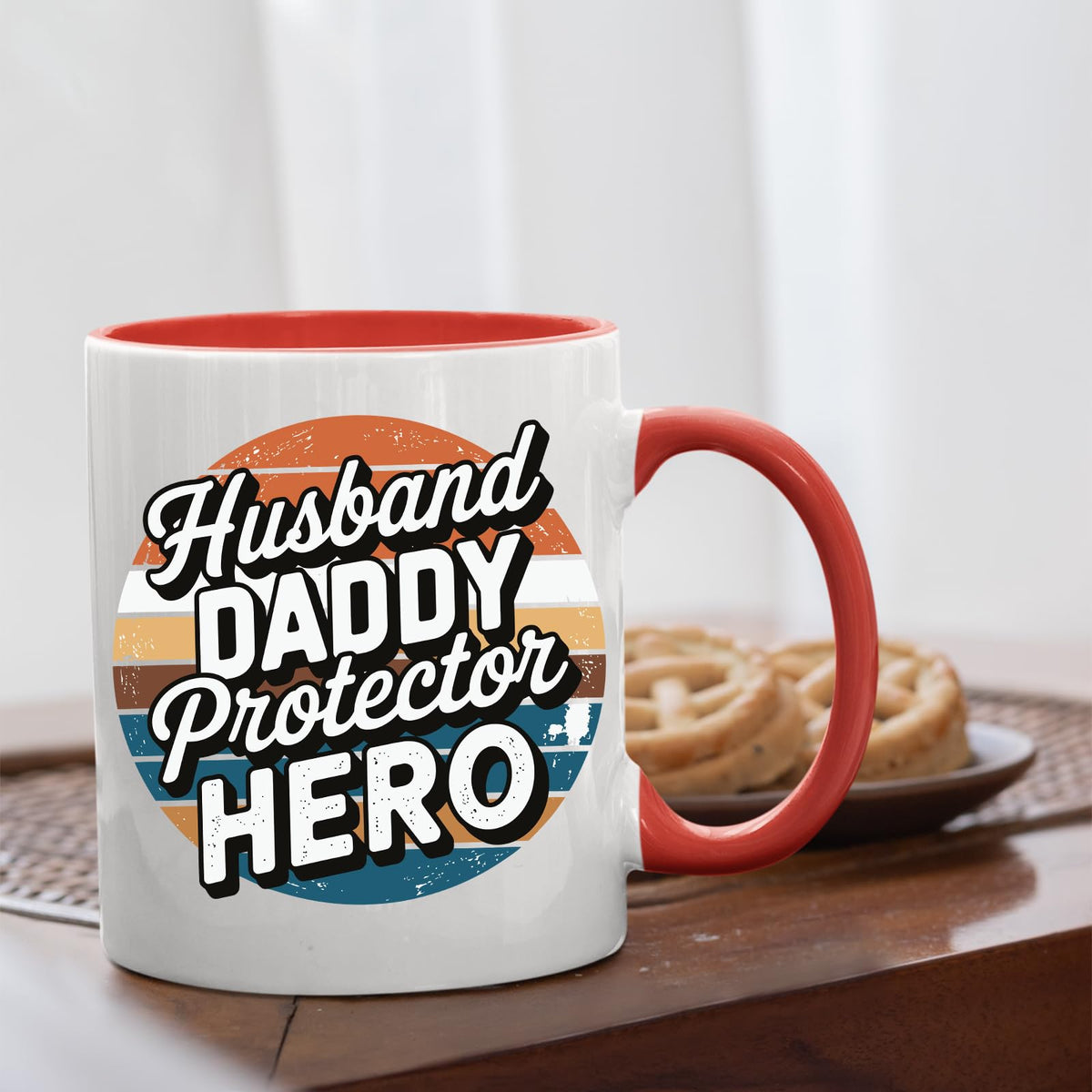 Husband Daddy Protector Hero retro mug with a red handle beside biscuits