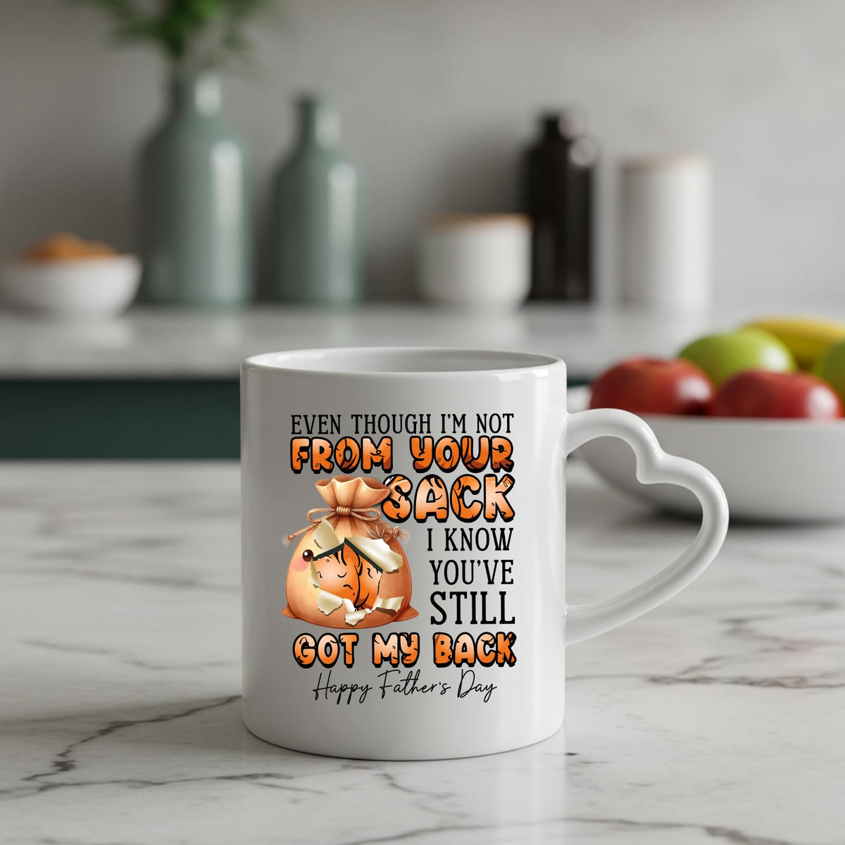 Not From Your Sack heart-handle mug on a marble counter with fruit