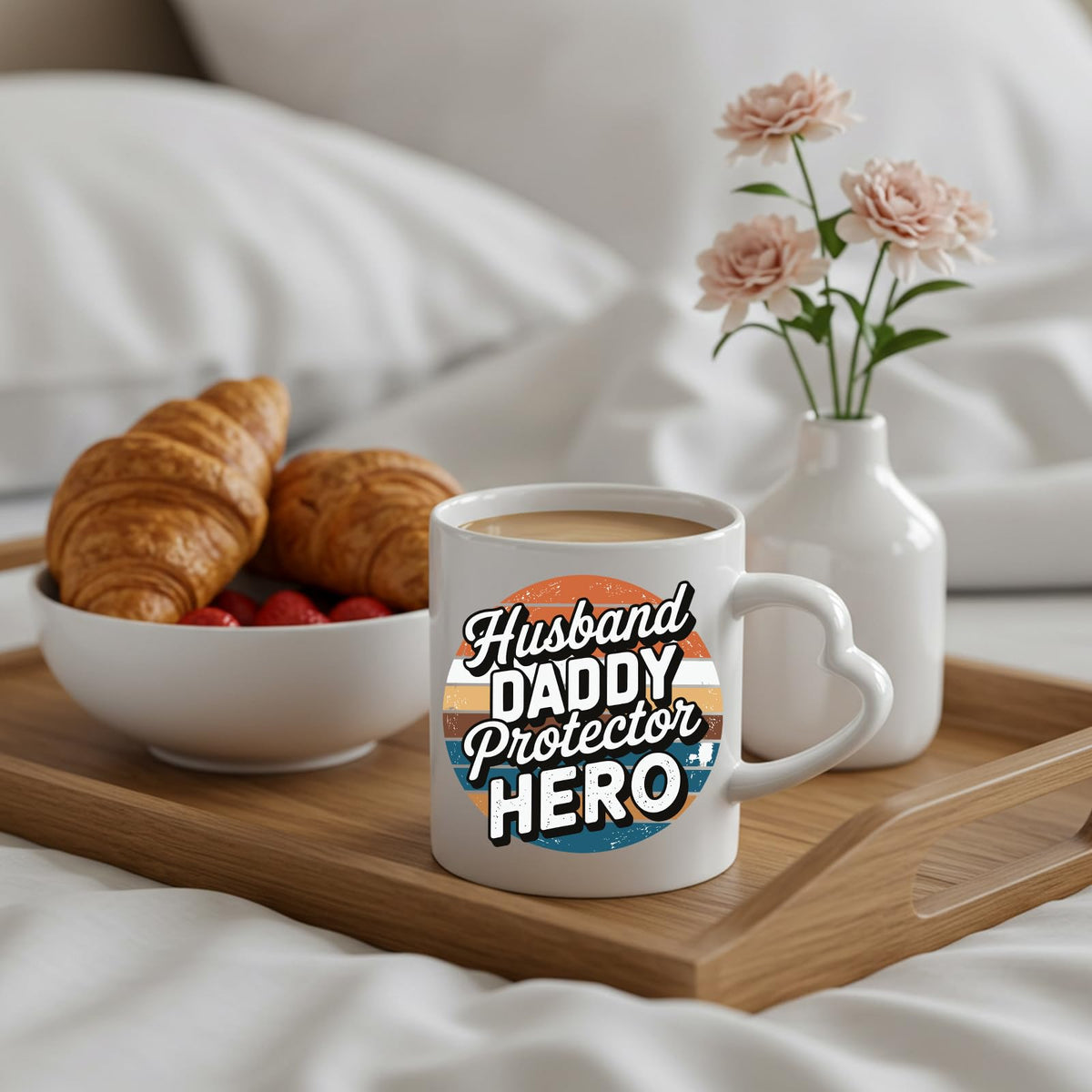 Husband Daddy Protector Hero retro heart-handle mug on a breakfast tray with croissants and flowers