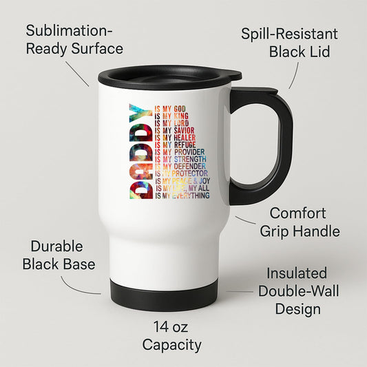 Travel mug with labels for spill-resistant lid, insulated double wall and 14oz capacity