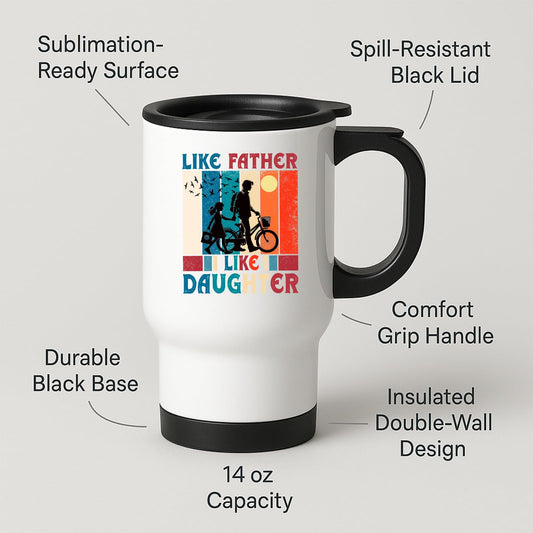 Travel mug with labels for spill-resistant lid, insulated double wall and 14oz capacity