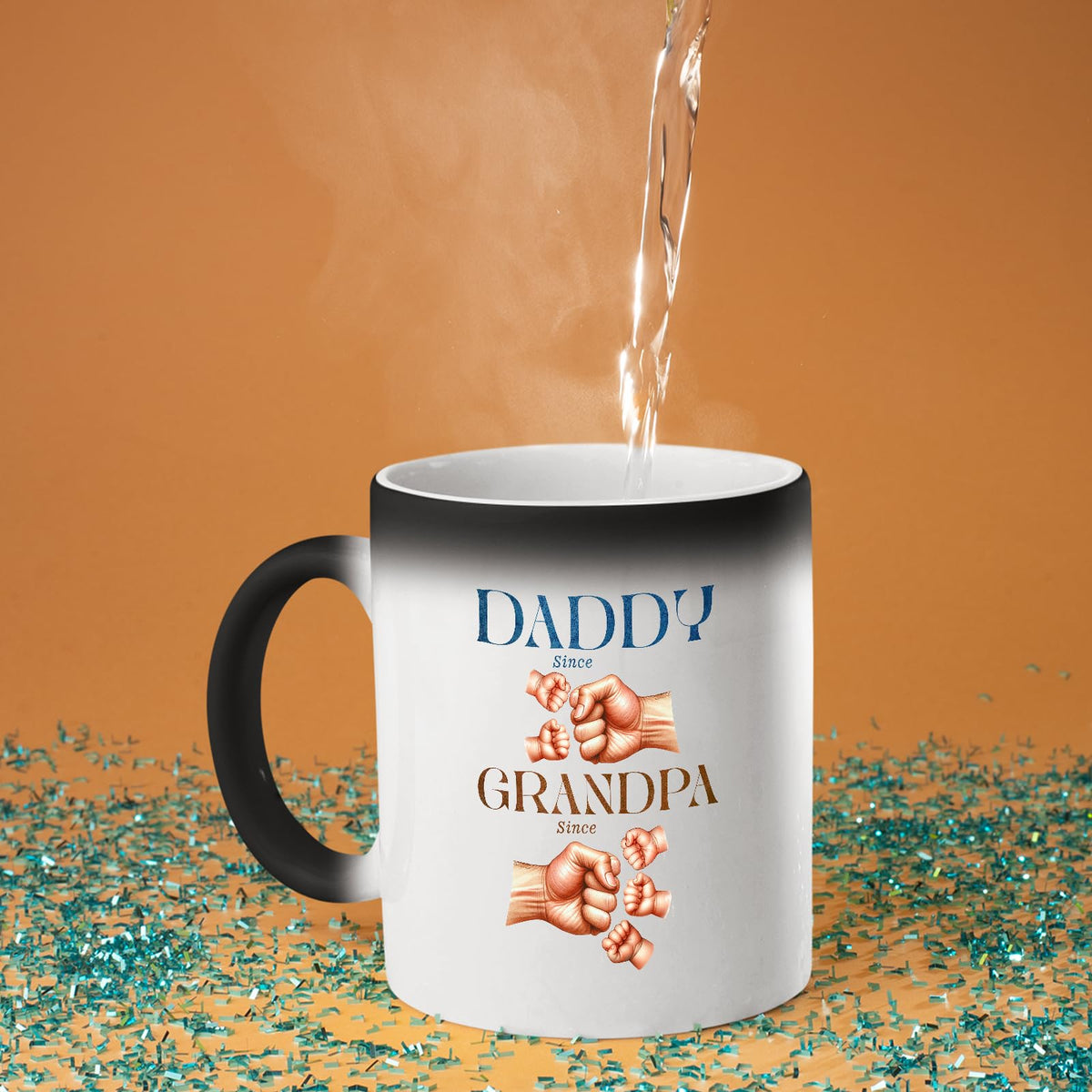 Hot water poured into the Daddy and Grandpa fist bump colour changing mug as the design appears
