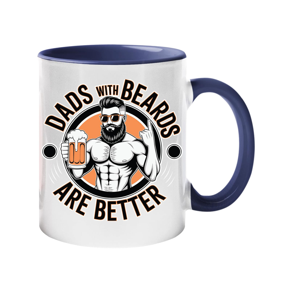 Colour handle mug with a muscly bearded dad with a beer and “Dads with beards are better” – dark blue handle and inside