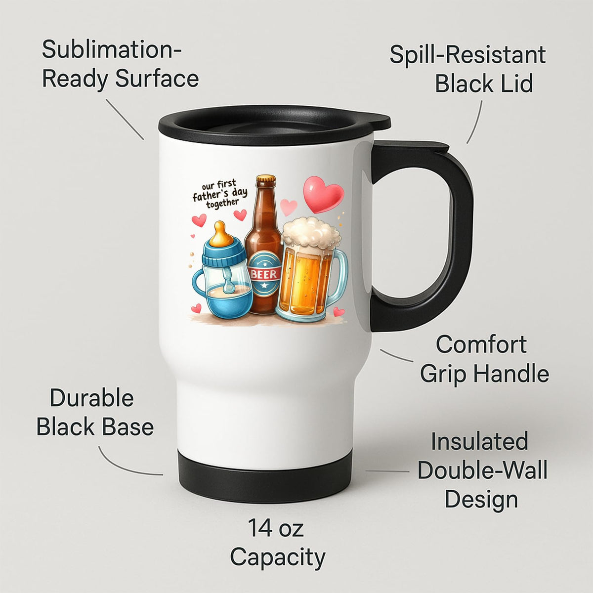 Travel mug with labels for spill-resistant lid, insulated double wall and 14oz capacity