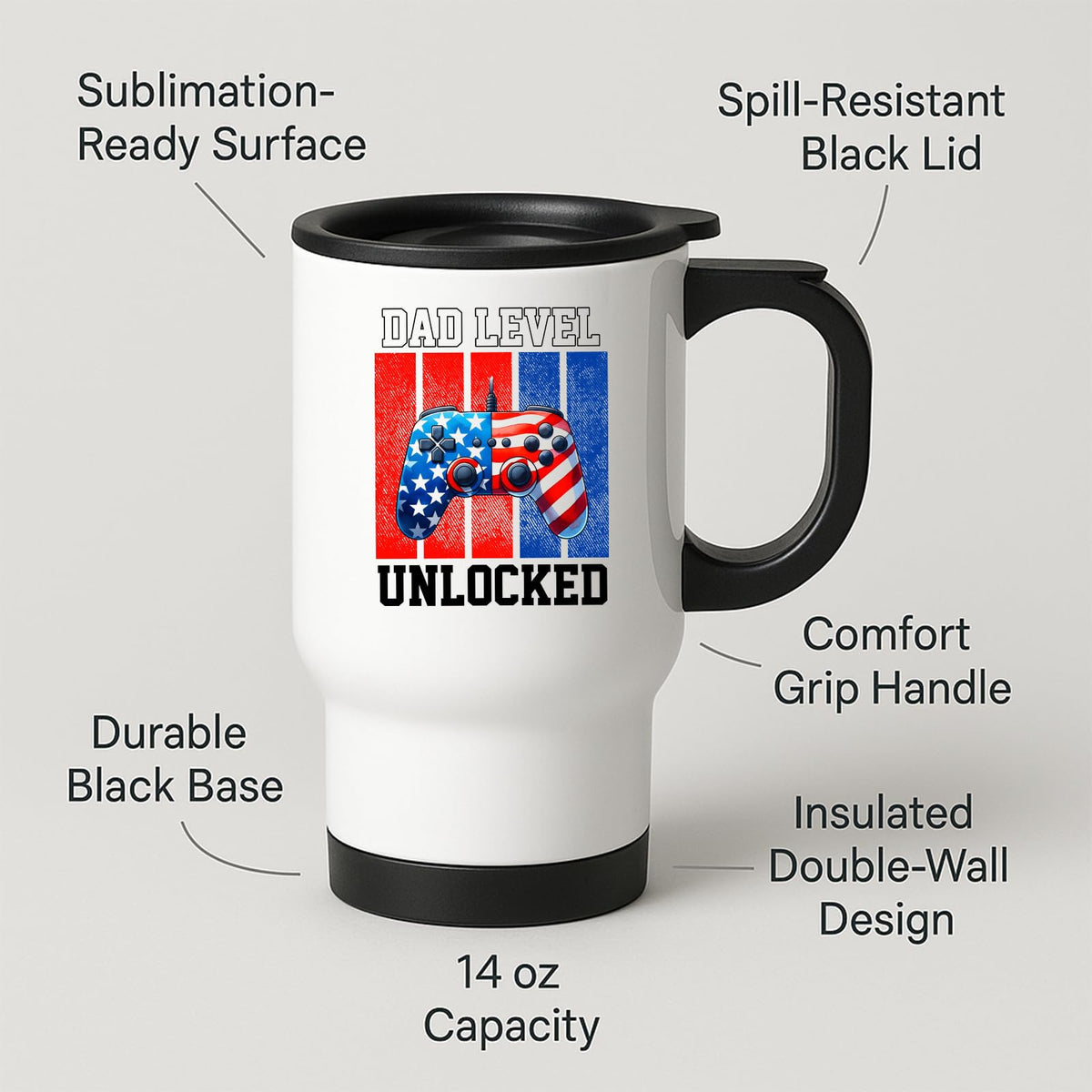 Travel mug with labels for spill-resistant lid, insulated double wall and 14oz capacity