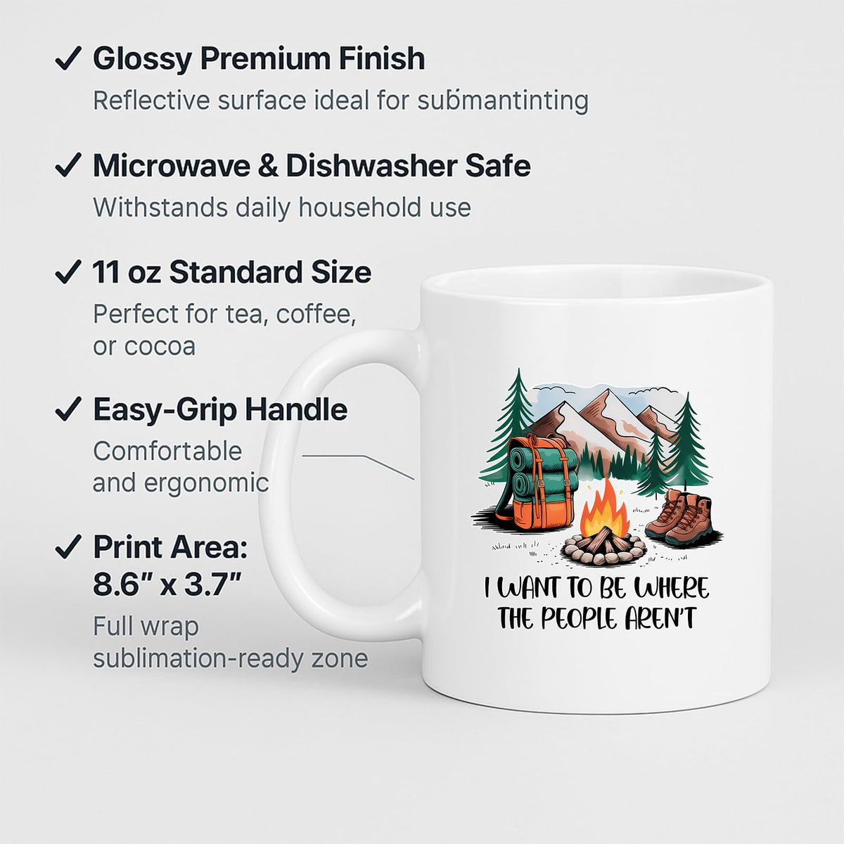 White mug with labels for 11oz size, glossy finish, easy-grip handle and print area