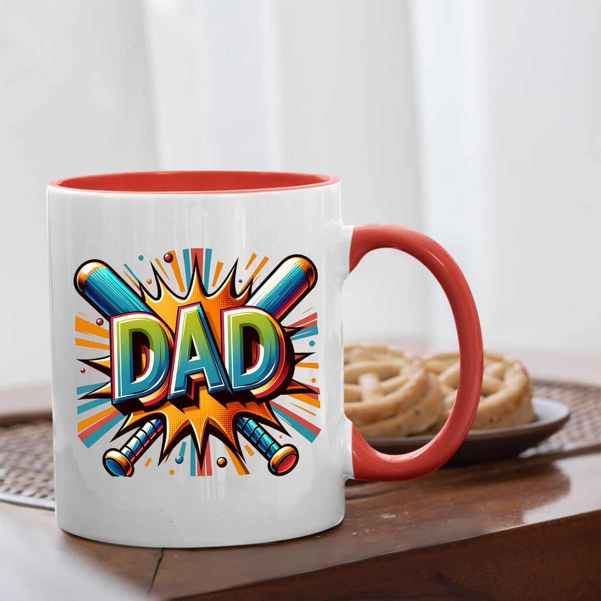 DAD baseball bats mug with a red handle beside biscuits