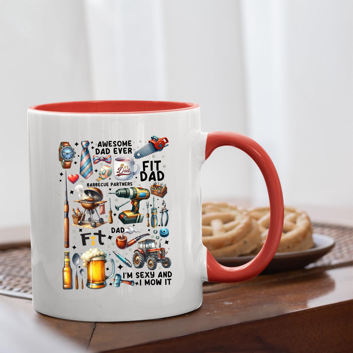 Awesome Dad Ever icons mug with a red handle beside biscuits