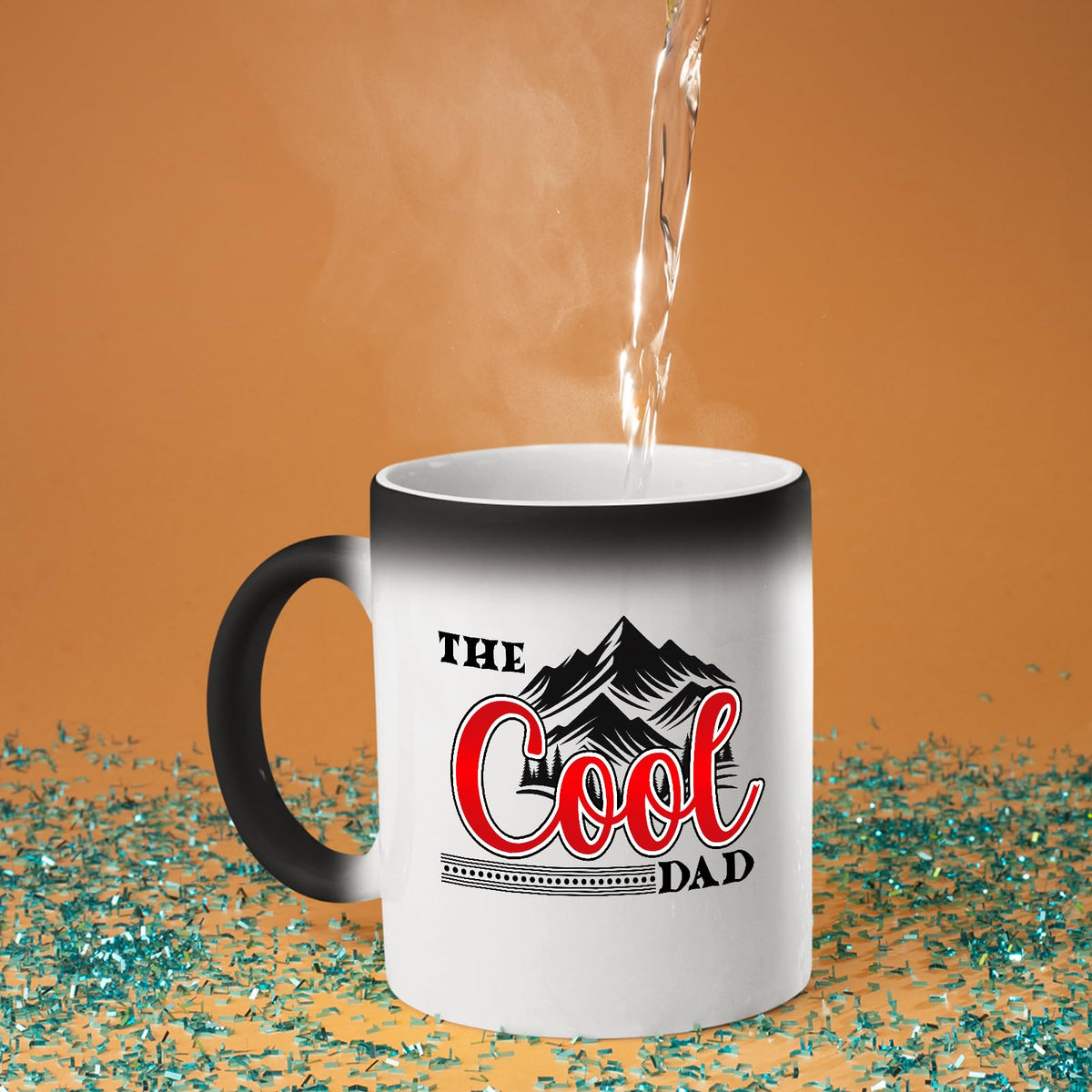 Hot water poured into the The Cool Dad mountains colour changing mug as the design appears