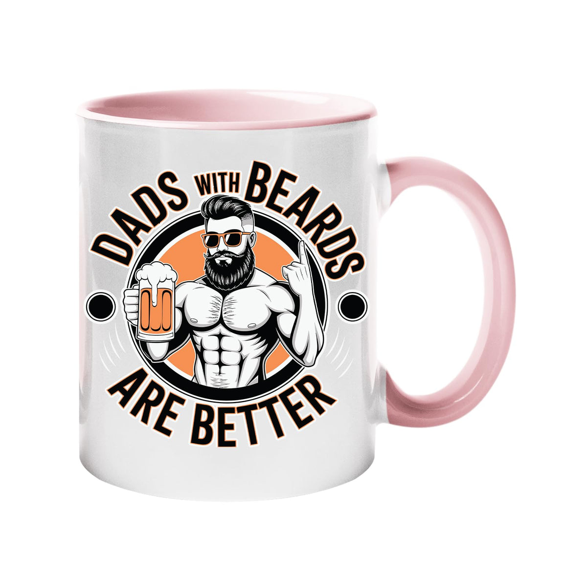 Colour handle mug with a muscly bearded dad with a beer and “Dads with beards are better” – light pink handle and inside