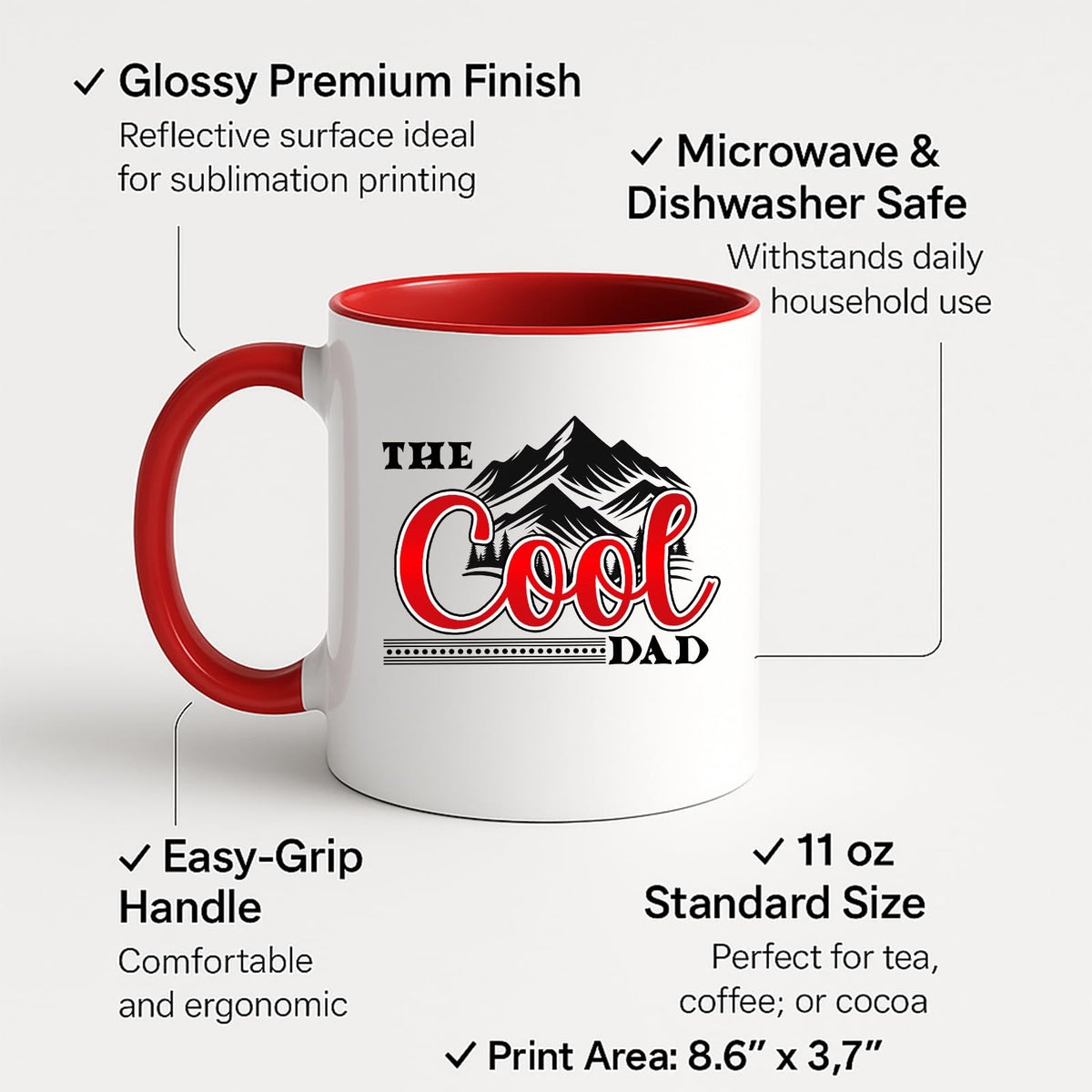 Colour handle mug with labels for 11oz size, glossy finish and easy-grip handle