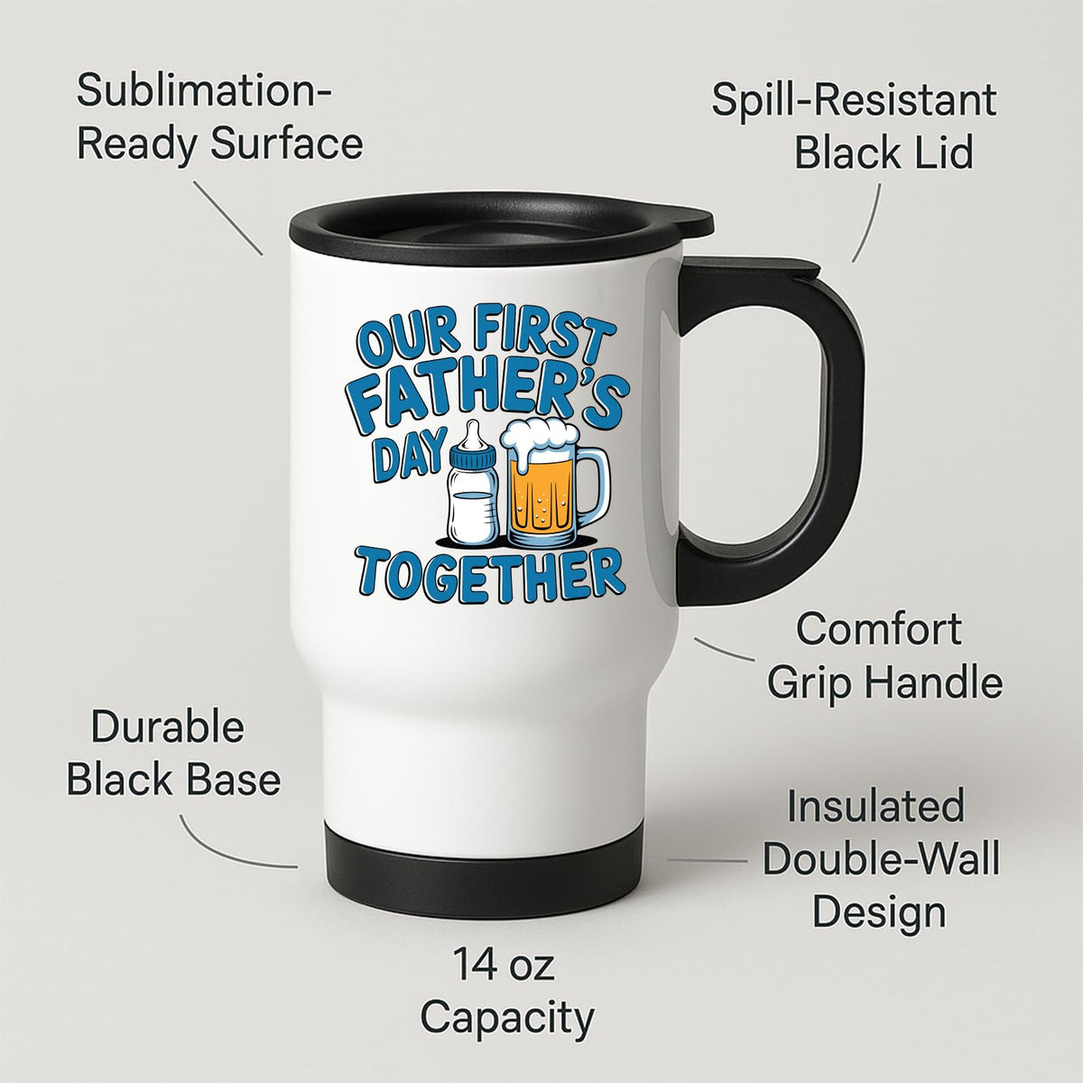 Travel mug with labels for spill-resistant lid, insulated double wall and 14oz capacity