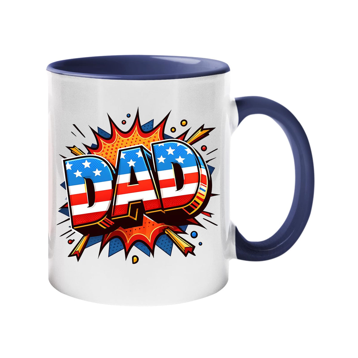 Colour handle mug with a comic-style “DAD” in stars and stripes on a starburst – dark blue handle and inside