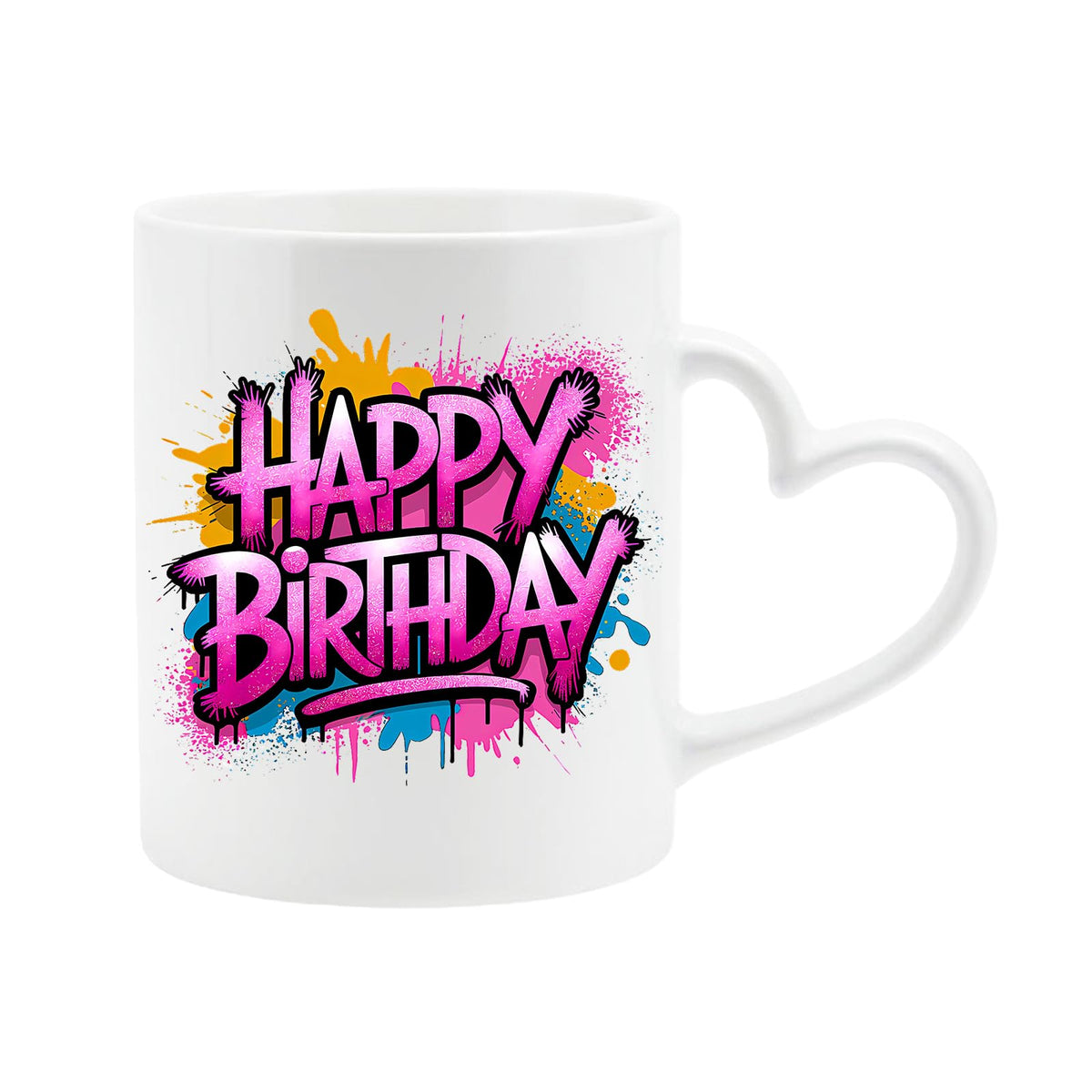 White heart-handle mug with “Happy Birthday” in pink graffiti letters with orange and blue paint splashes