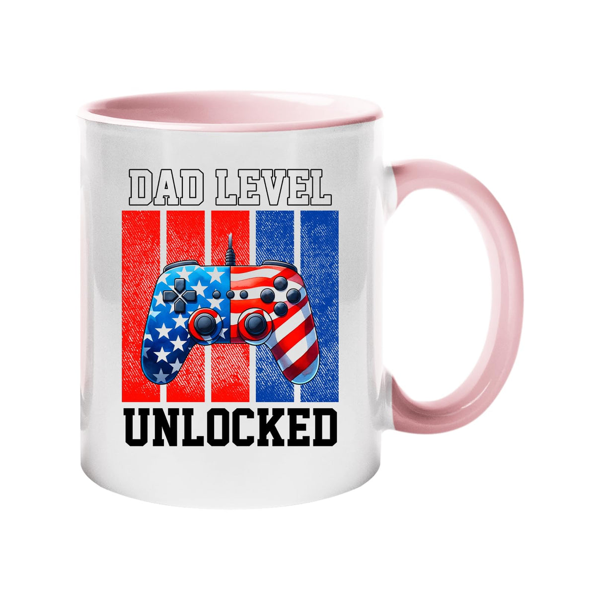Colour handle mug with a stars-and-stripes game controller and “Dad level unlocked” – light pink handle and inside