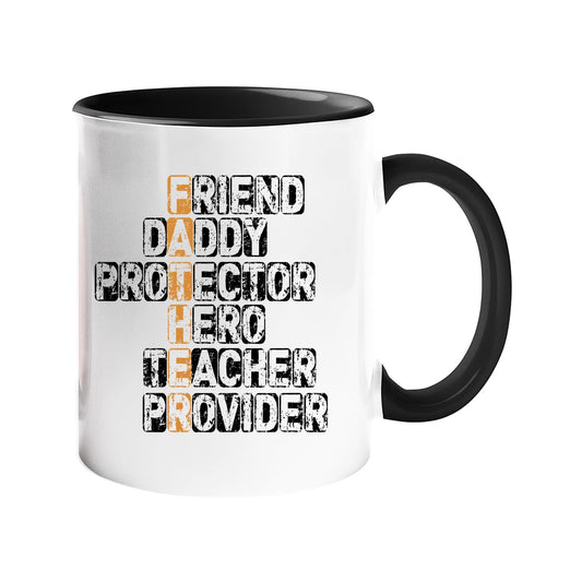 Colour handle mug with a “FATHER” acrostic – friend, daddy, protector, hero, teacher, provider – black handle and inside