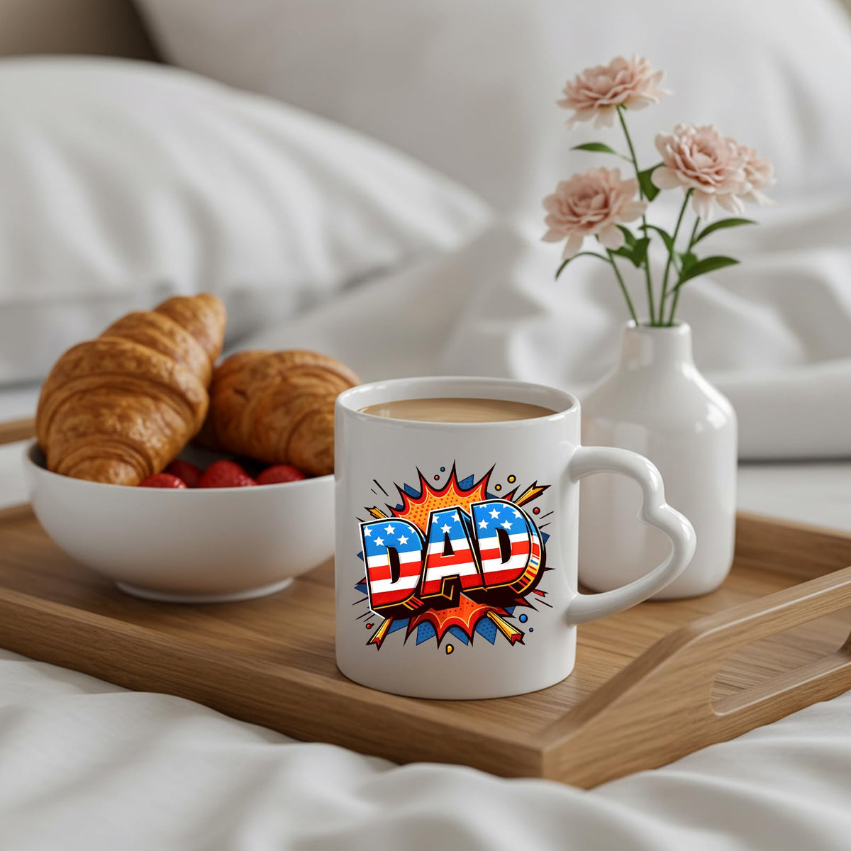 Stars and Stripes DAD heart-handle mug on a breakfast tray with croissants and flowers