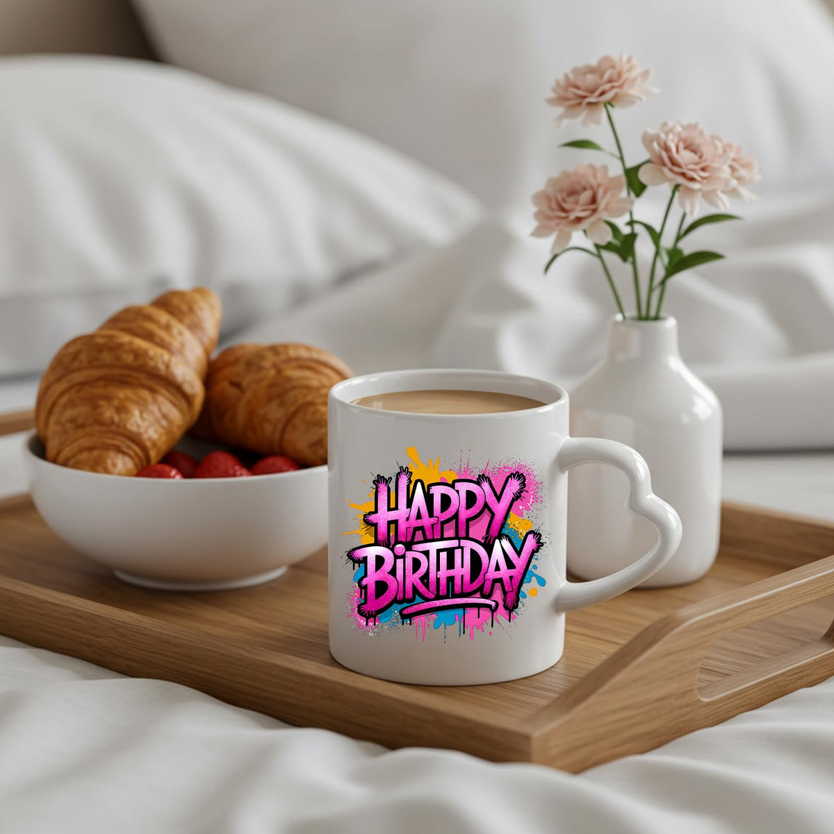 Happy Birthday pink graffiti splash heart-handle mug on a breakfast tray with croissants and flowers