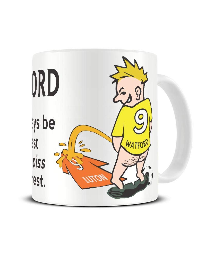 Wee On The Rival's Shirt mug – cartoon fan in a yellow No. 9 shirt weeing on a orange rival shirt
