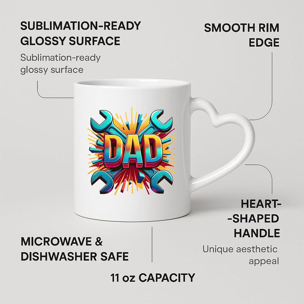 Heart-handle mug with labels for 11oz capacity, glossy surface and heart-shaped handle