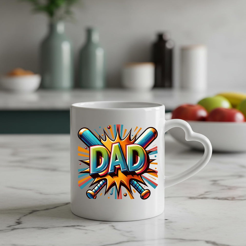 DAD baseball bats heart-handle mug on a marble counter with fruit
