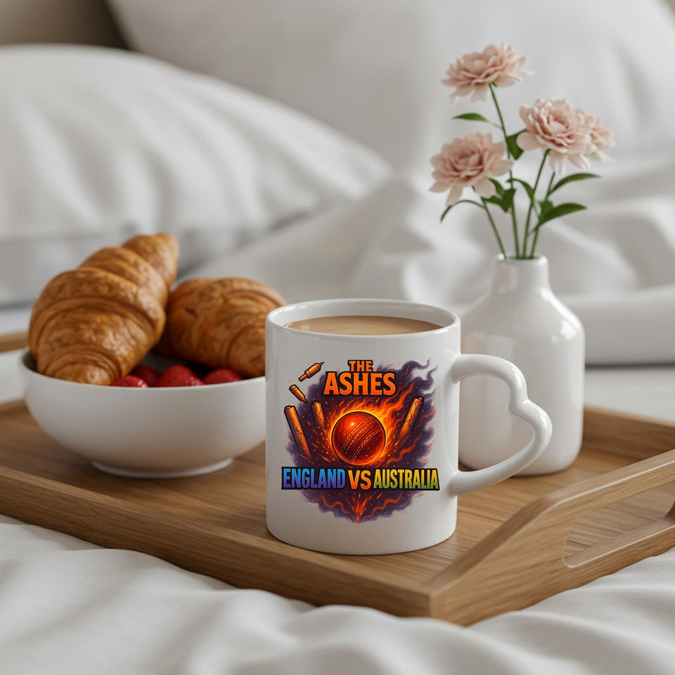 Excudo Trade LTD The Ashes Burning Ball England Vs Australia Rivalry Cricket Heart-Shaped Handle Mug Fiery Design Gift Fans Couples Coffee Cup Home Decor Couples