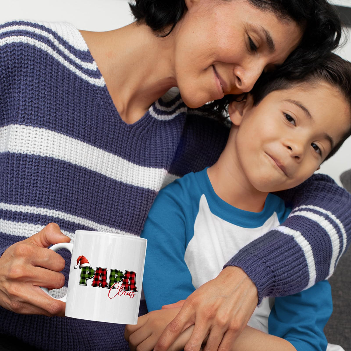 Mum and son with the Papa Claus mug