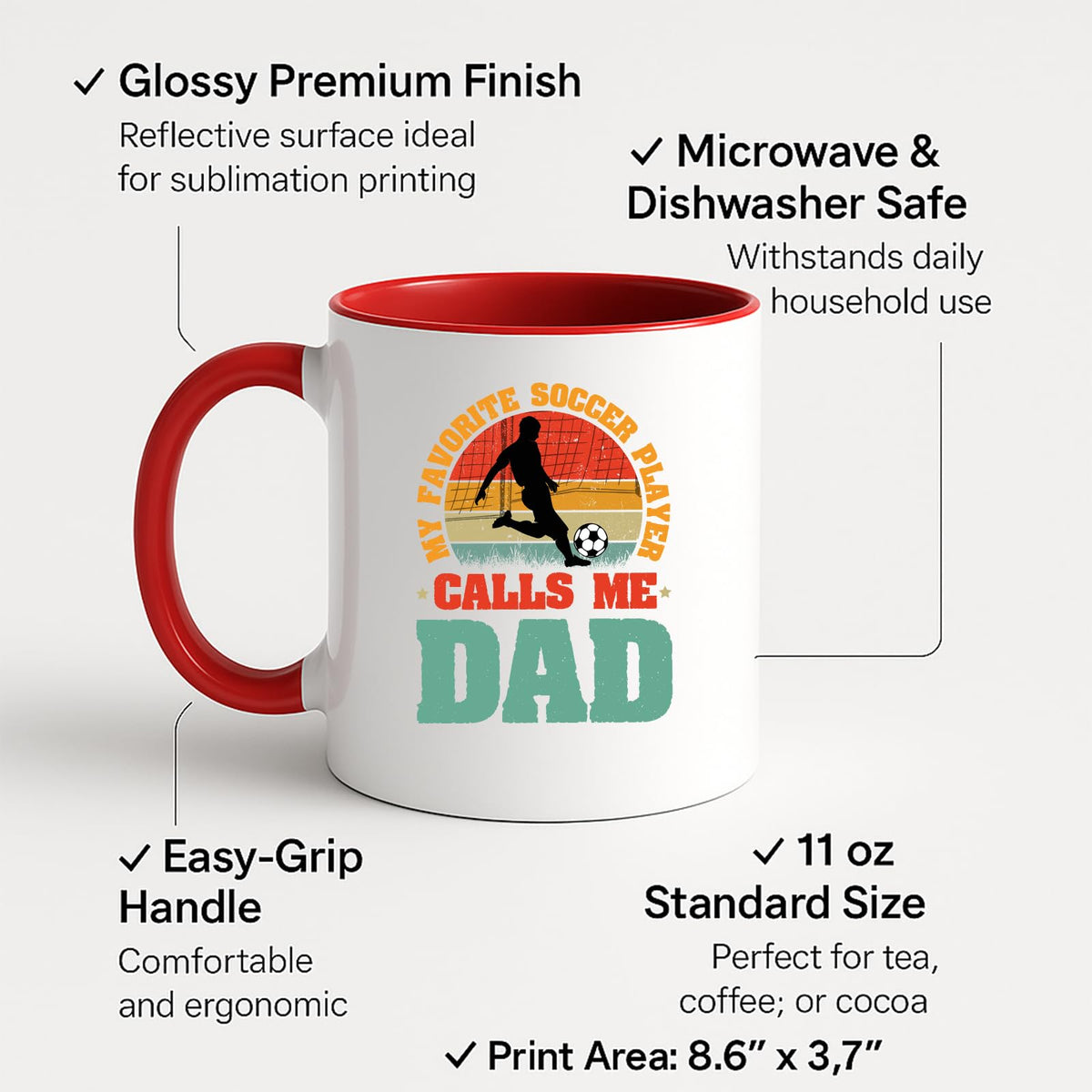 Colour handle mug with labels for 11oz size, glossy finish and easy-grip handle