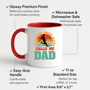 Colour handle mug with a footballer in silhouette on a retro sunset with “My favorite soccer player calls me Dad” – red handle and inside