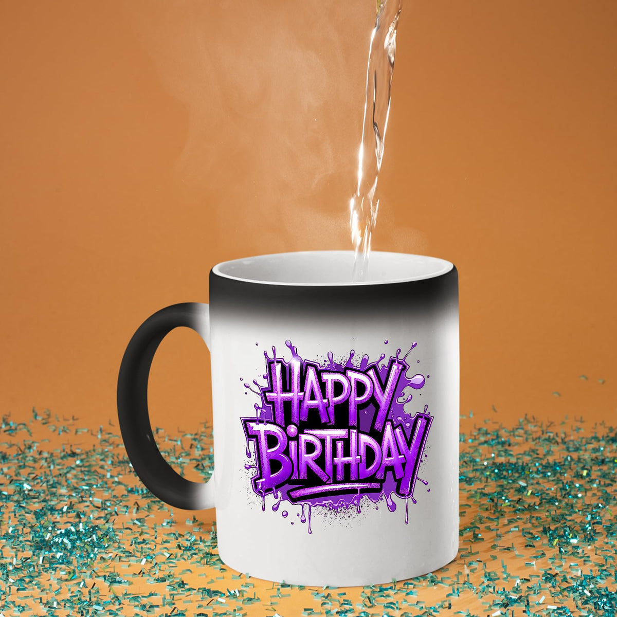Hot water poured into the Happy Birthday purple graffiti colour changing mug as the design appears
