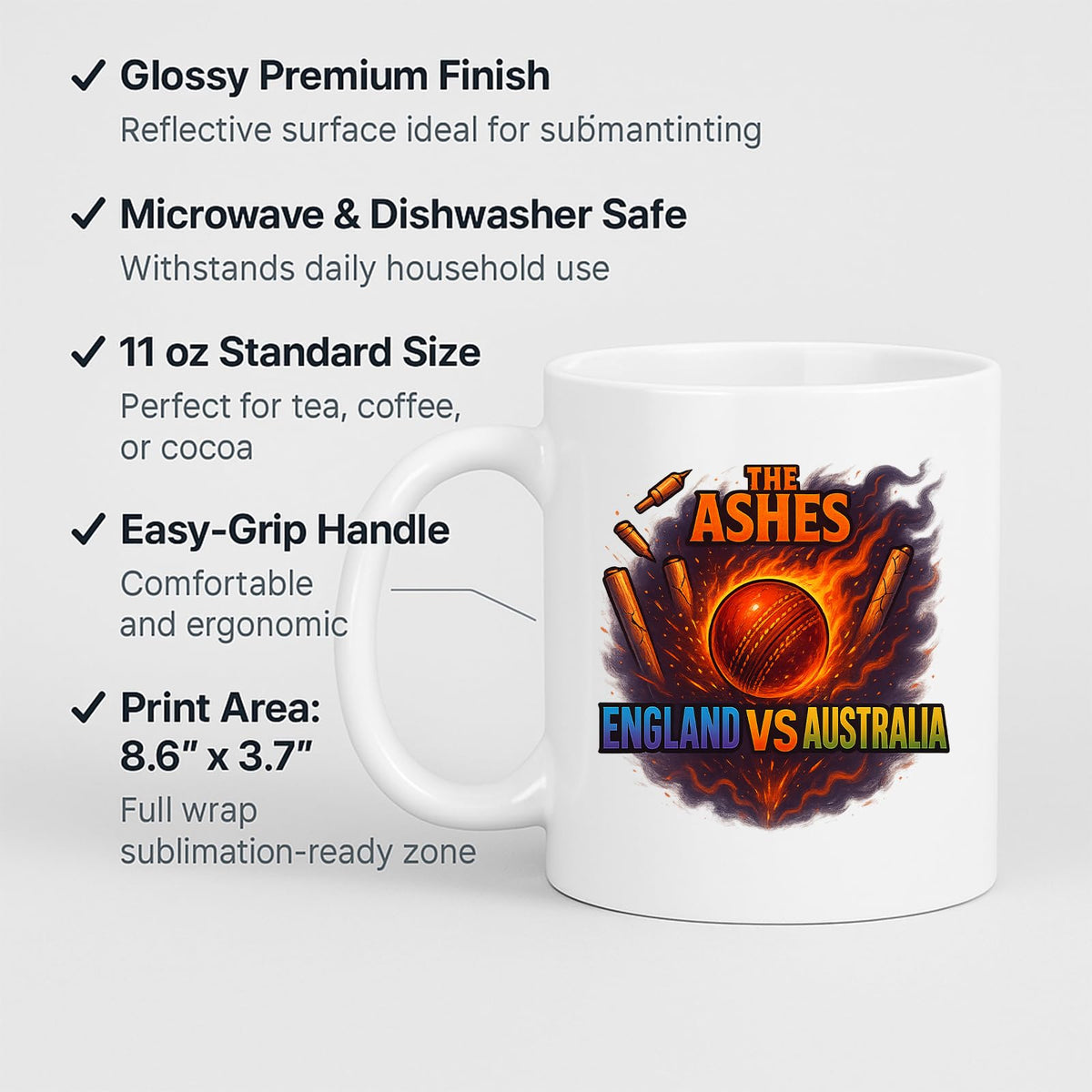 Ashes cricket mug with labels for 11oz size and C-handle