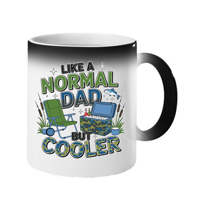 Colour changing mug revealing camping chairs, a cool box and a fishing rod with “Like a normal dad, but cooler”