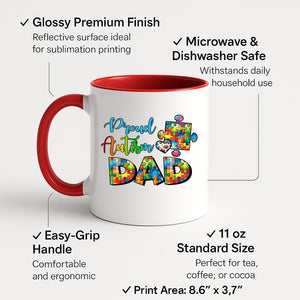 Colour handle mug with “Proud Autism Dad” with letters filled with colourful puzzle pieces – red handle and inside