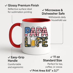 Colour handle mug with “Papa” in stars and stripes over camo “Life” with a frothy beer – red handle and inside