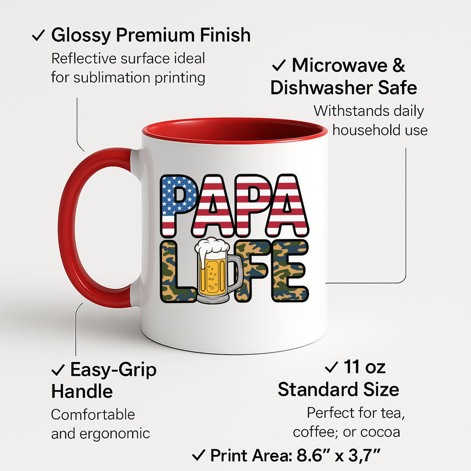 Colour handle mug with labels for 11oz size, glossy finish and easy-grip handle