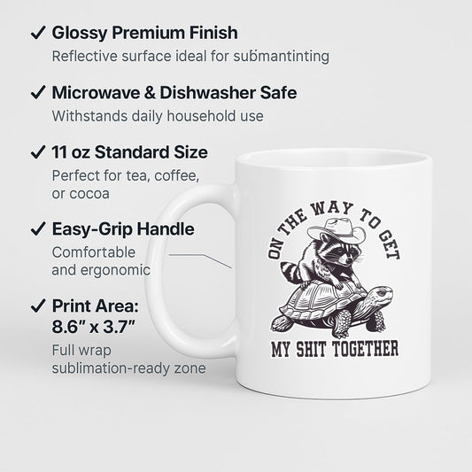 White mug with labels for 11oz size, glossy finish, easy-grip handle and print area