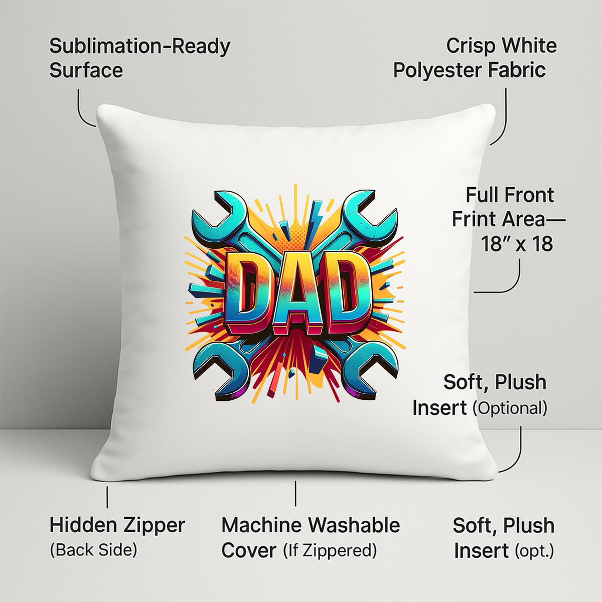 DAD spanners cushion with labels for 18 x 18 inch print area, hidden zip and washable cover