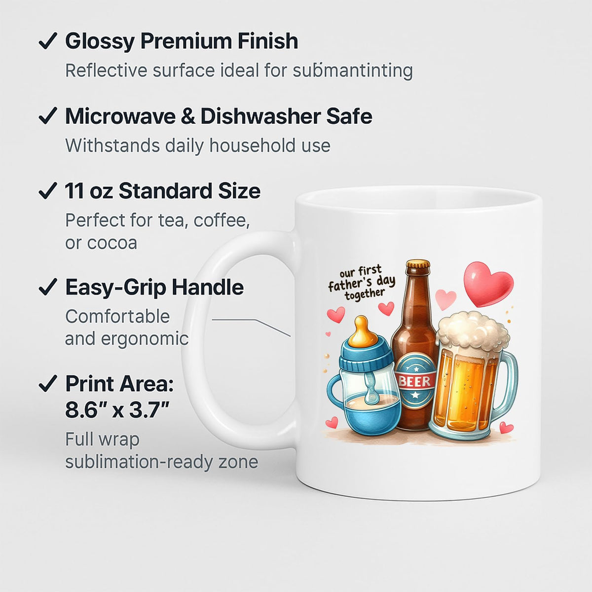 White mug with labels for 11oz size, glossy finish, easy-grip handle and print area