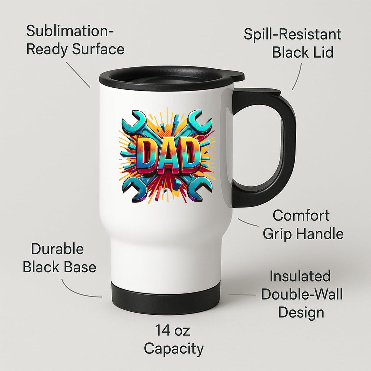 Travel mug with labels for spill-resistant lid, insulated double wall and 14oz capacity