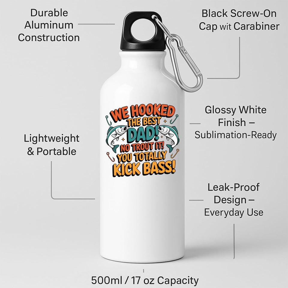 White water bottle with labels for aluminium body, screw-on cap with carabiner and leak-proof design