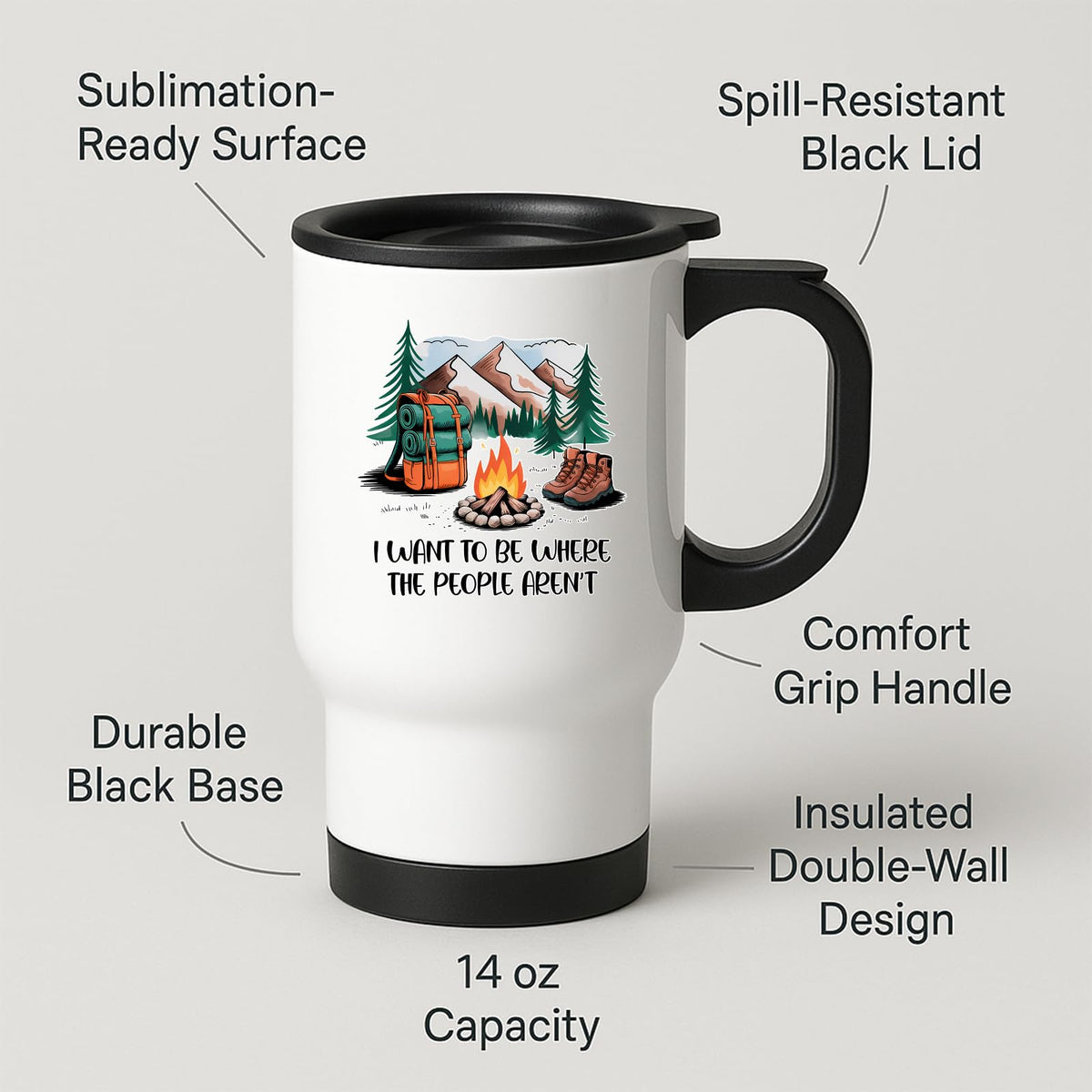 Travel mug with labels for spill-resistant lid, insulated double wall and 14oz capacity