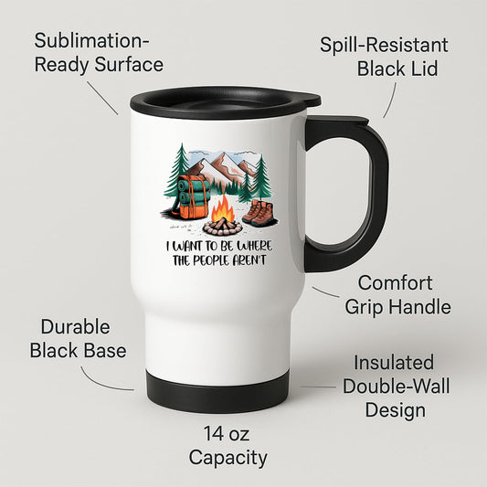 Travel mug with labels for spill-resistant lid, insulated double wall and 14oz capacity