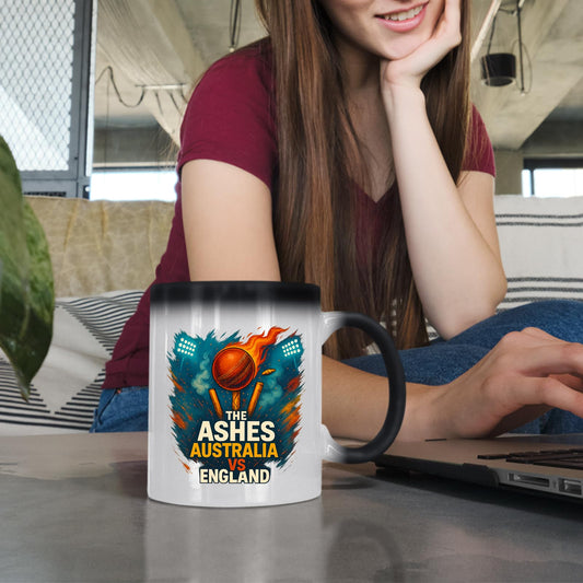 Woman at a laptop with the Ashes colour changing mug
