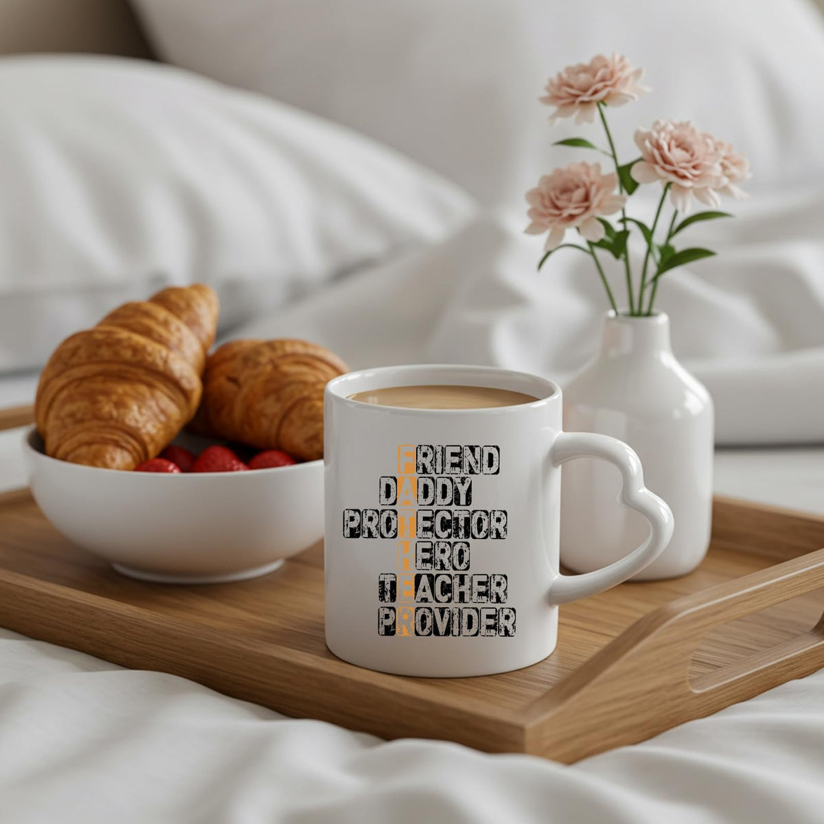 FATHER acrostic heart-handle mug on a breakfast tray with croissants and flowers